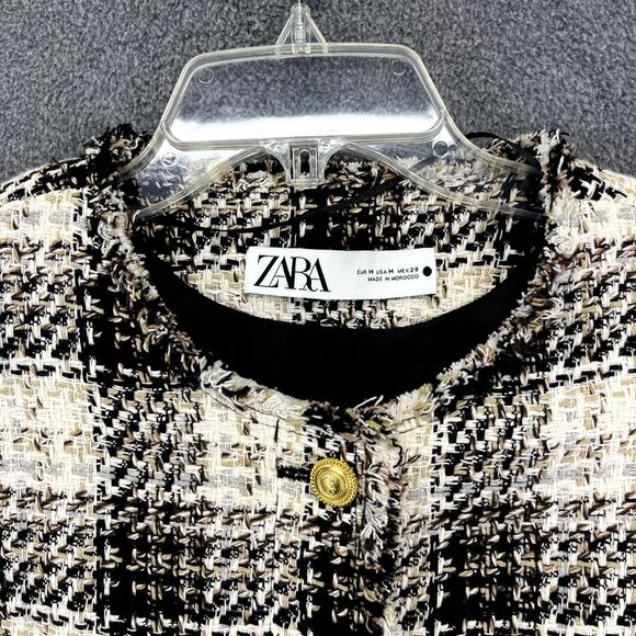 Zara Blazer Cropped Women Medium black beige Plaid Tweed Jacket Blogger Favorite - Picture 4 of 16